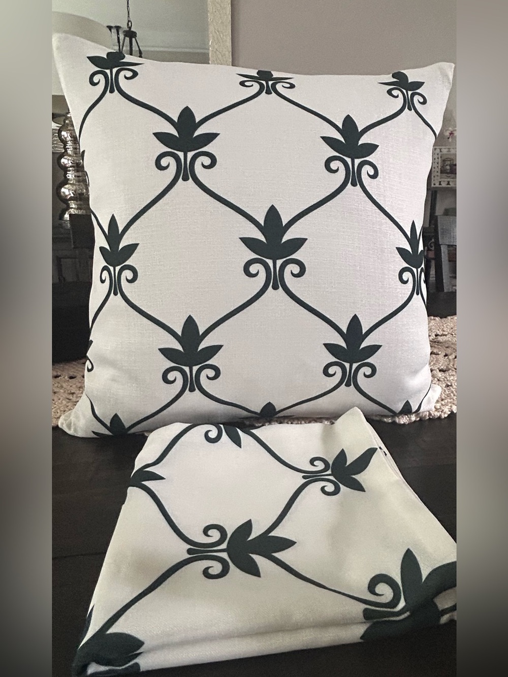Two cream rayon Pillowcases covers Dark Teal Trellis Pattern
